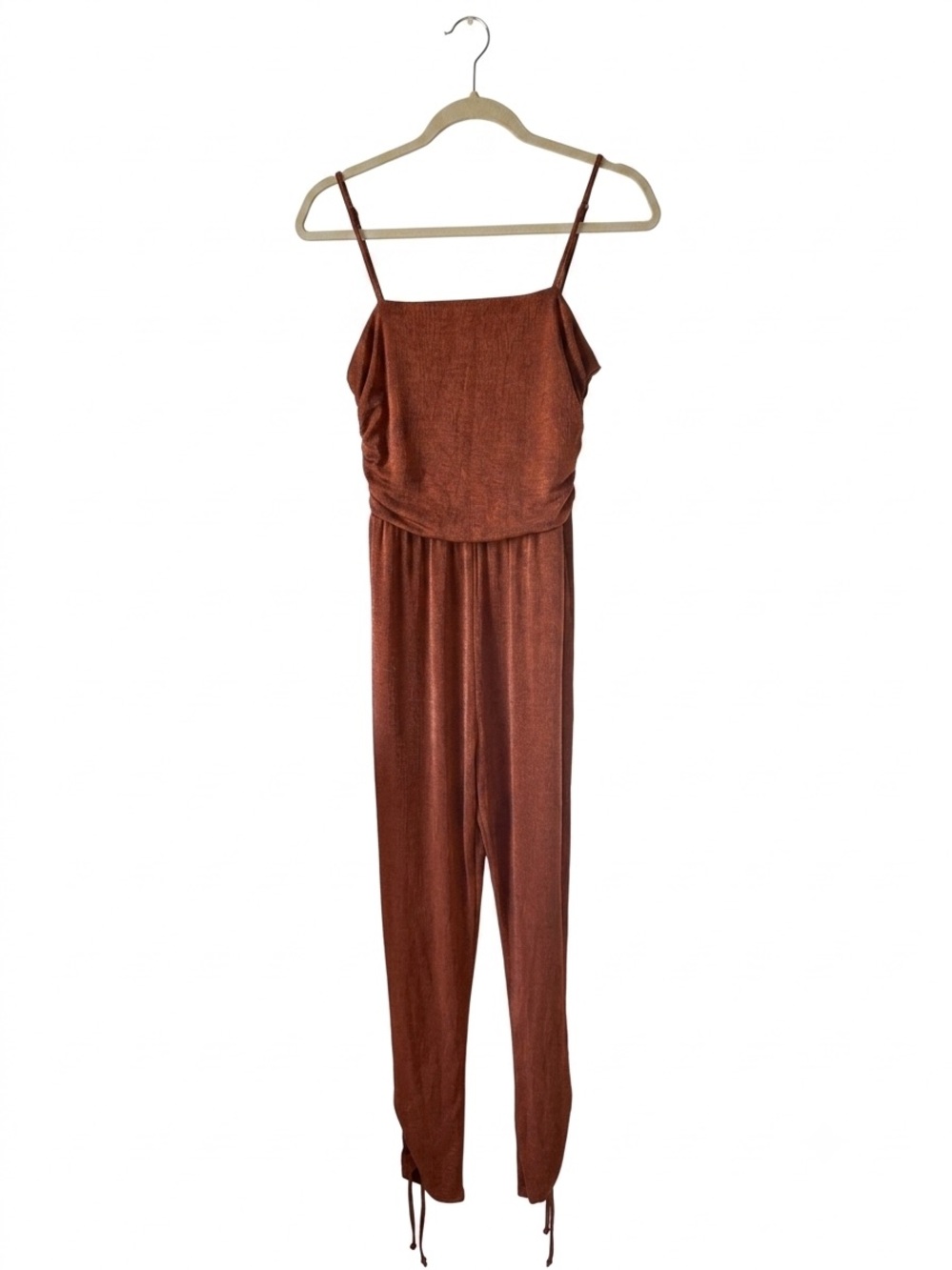 A Peach  Spaghetti-Strap Jumpsuit with Adjustable Ankle Tie